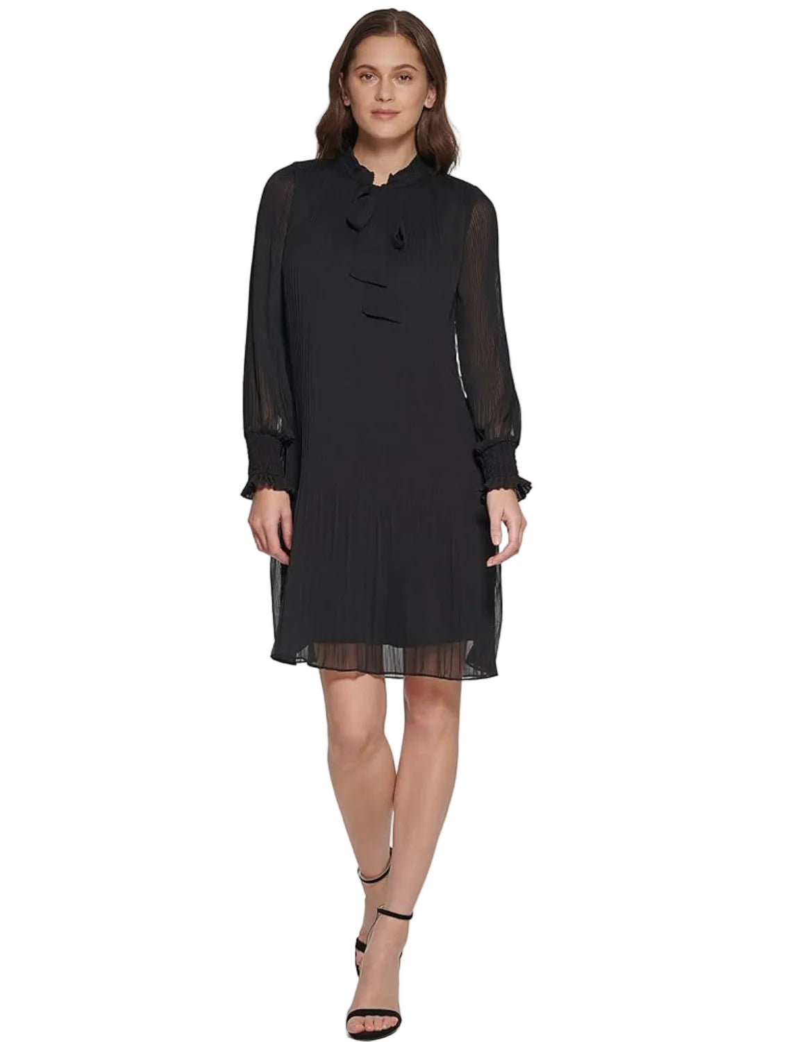 DKNY Women's Long Sleeve Tie Neck Pleated Shift Dress, Black, 10