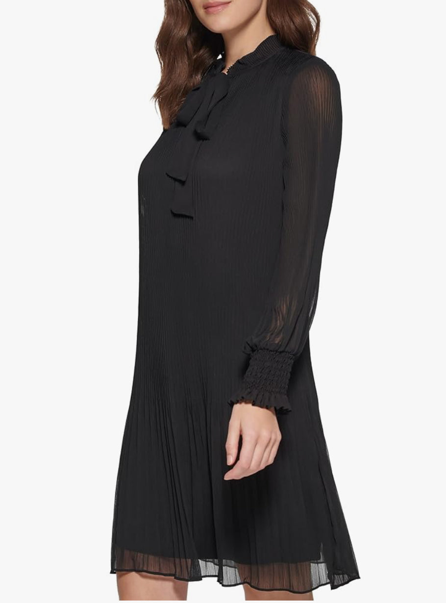 DKNY Women's Long Sleeve Tie Neck Pleated Shift Dress, Black, 10