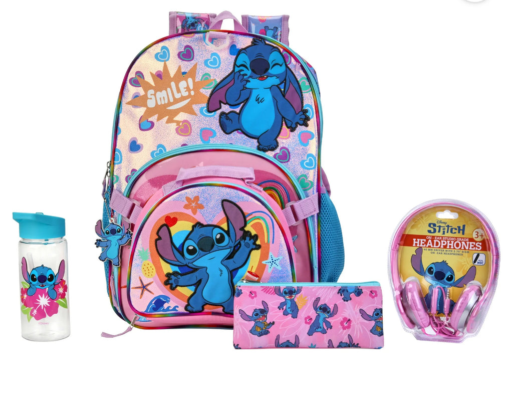 Disney Lilo & Stitch Girls 17" 6-Piece Backpack Set with Headphones, Pink