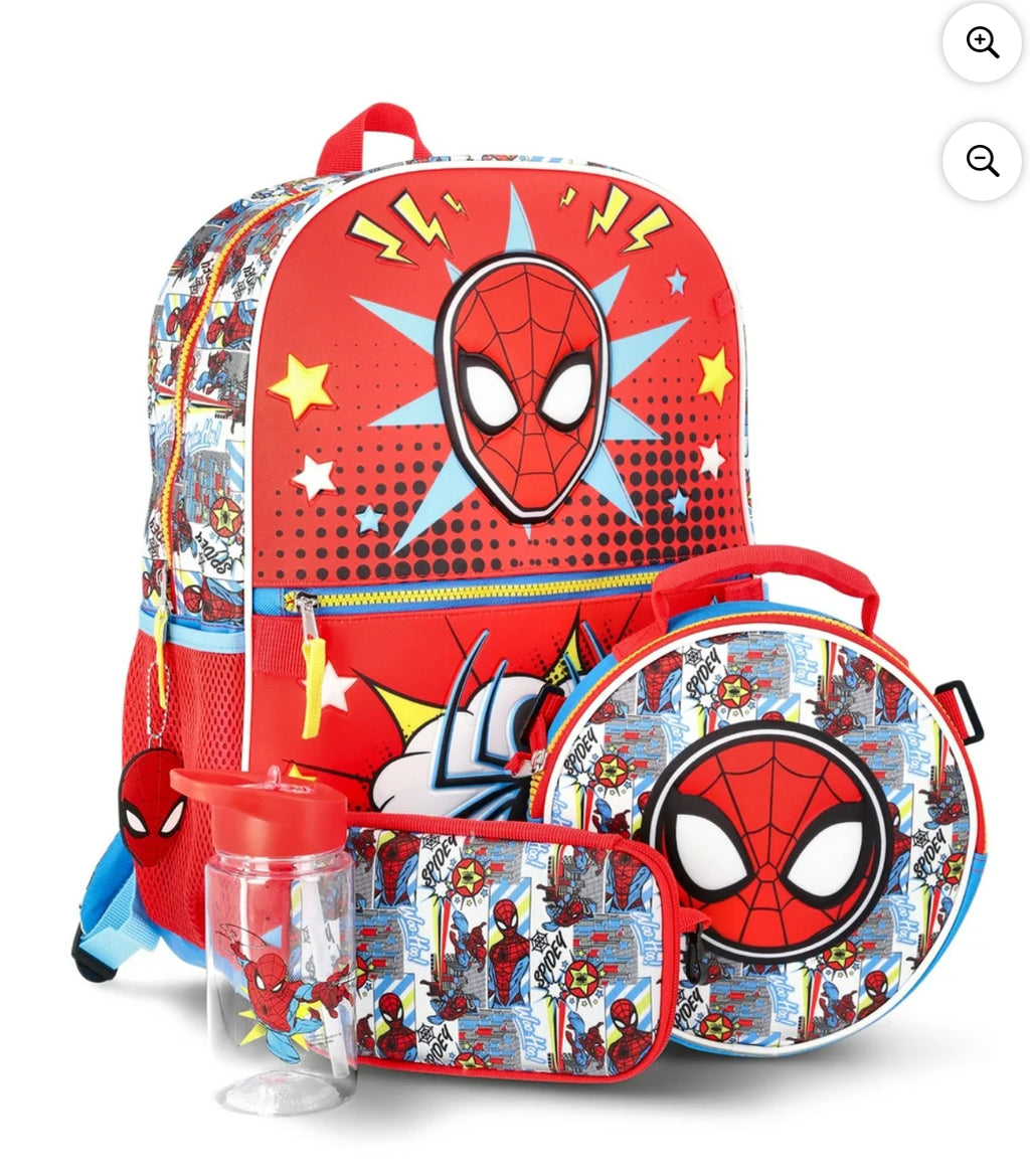 Marvel Spider-Man Boys 17" Backpack, Lunch Kit, Zip Case, Keychain and Water Bottle 5-Piece Set, Red