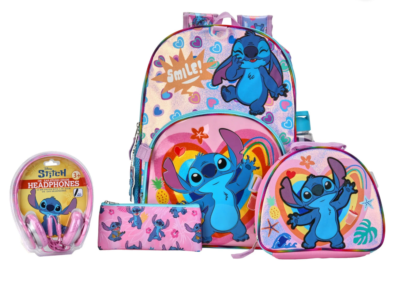 Disney Lilo & Stitch Girls 17" 6-Piece Backpack Set with Headphones, Pink