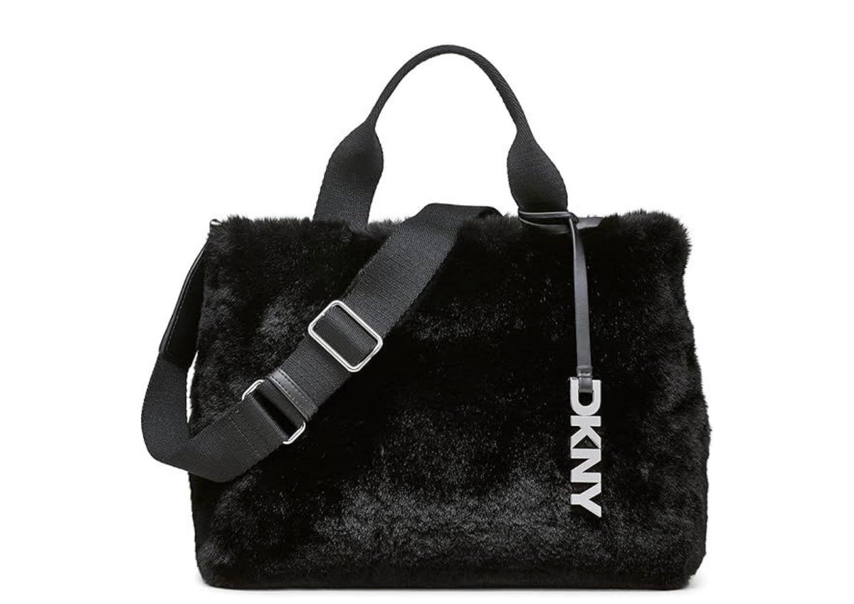 DKNY Roni Small Fur Tote Bag with Logo Charm, Black/Silver