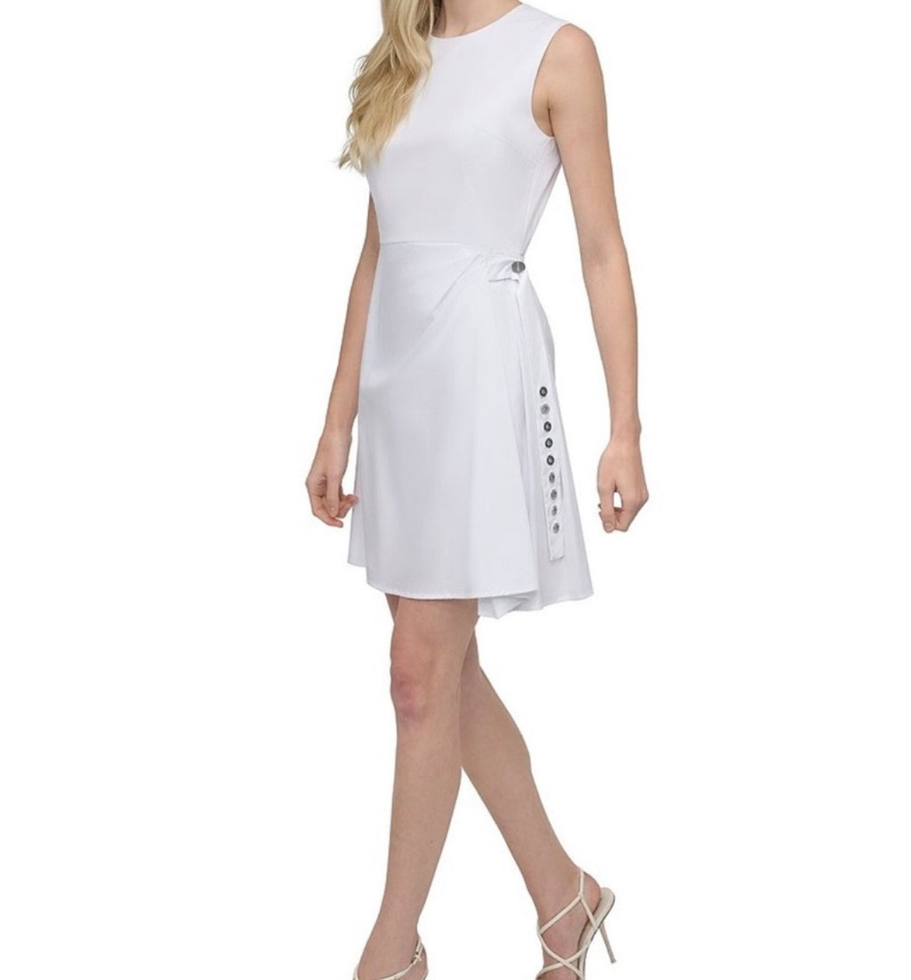 DKNY Women's Sleeveless Jewel Neck Faux Wrap Mini Dress with Grommet Belt, Bright White, 16