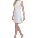 DKNY Women's Sleeveless Jewel Neck Faux Wrap Mini Dress with Grommet Belt, Bright White, 16