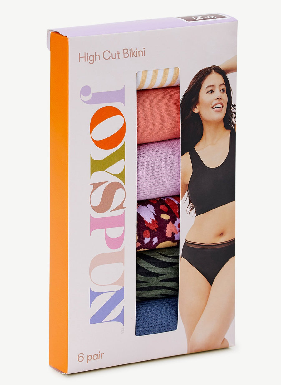 Joyspun Women's Cotton Hi Cut Bikini Panties, 6-Pack
