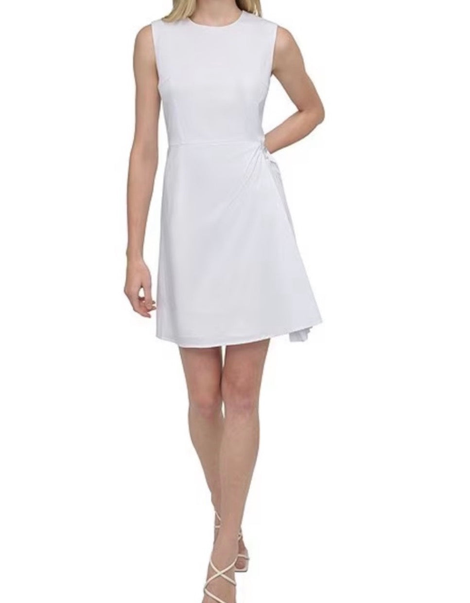 DKNY Women's Sleeveless Jewel Neck Faux Wrap Mini Dress with Grommet Belt, Bright White, 16