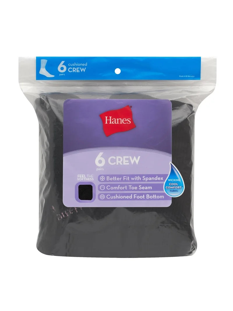 Hanes Women's Crew Socks, Moisture-Wicking, 6-Pairs Black