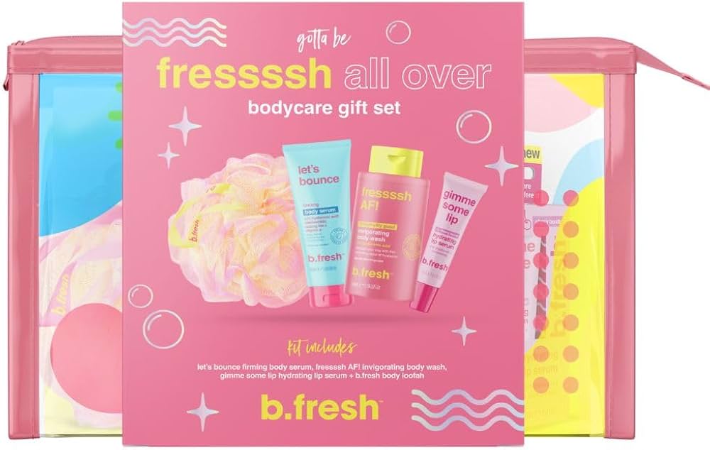 b.fresh Body Care Gift Set | Fressssh All Over - Self Care Kit Includes Travel Size Body Wash, Firming Body Serum, and Full Size Loofah with Hydrating Lip Serum, Christmas Stocking Stuffer