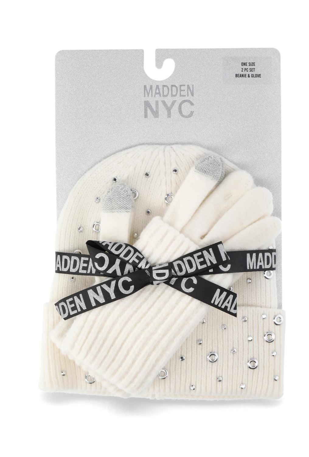 Madden NYC Women's Beanie and Winter Glove 2-Piece Set, White